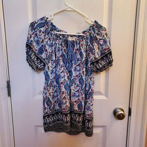 Grand & Greene Boho Peasant Top, Paisley, Blue Black Red, Size L, Short sleeve